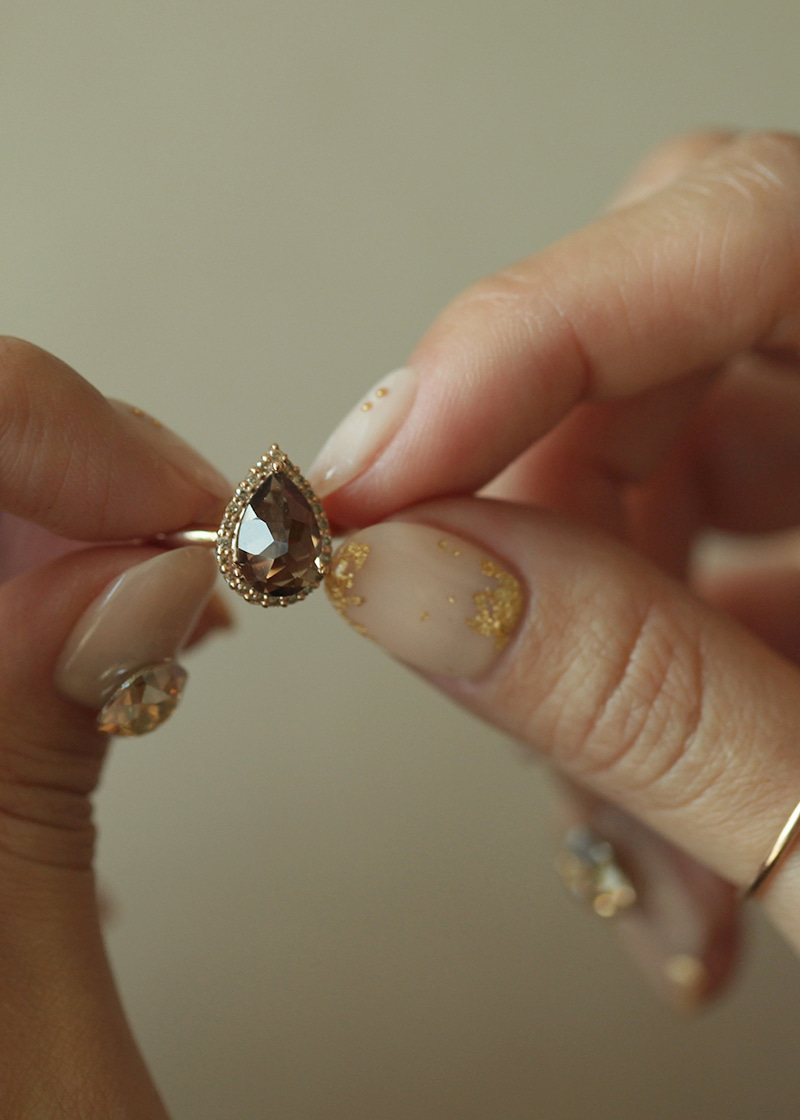 Cognac Diamond, Pear Smoky Quartz Ring 18K 꼬냑 다이아몬드, 물방울 연수정 반지